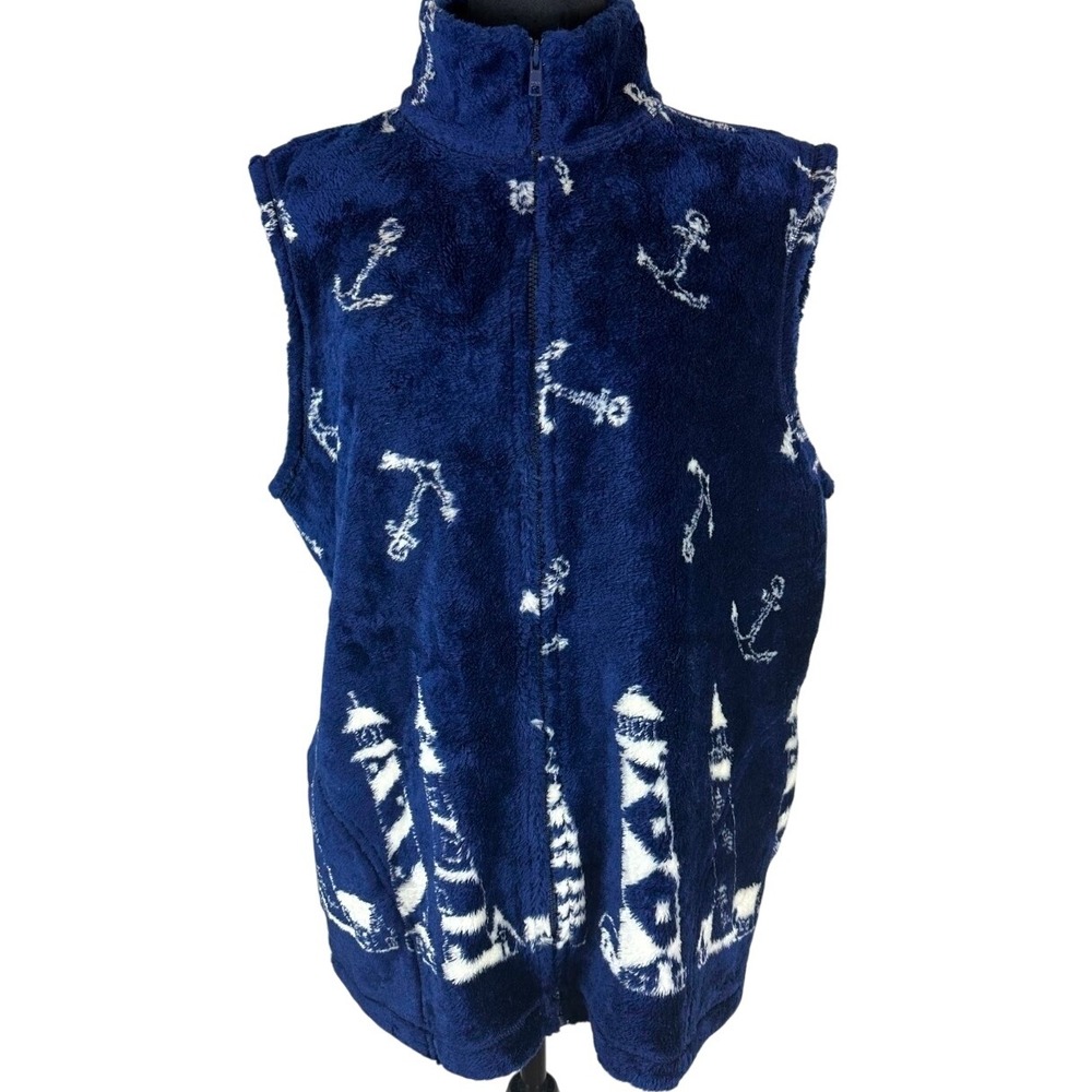 1990's Mandal Bay Navy Blue Nautical Lighthouse‎ Anchor Fleece Vest XLG